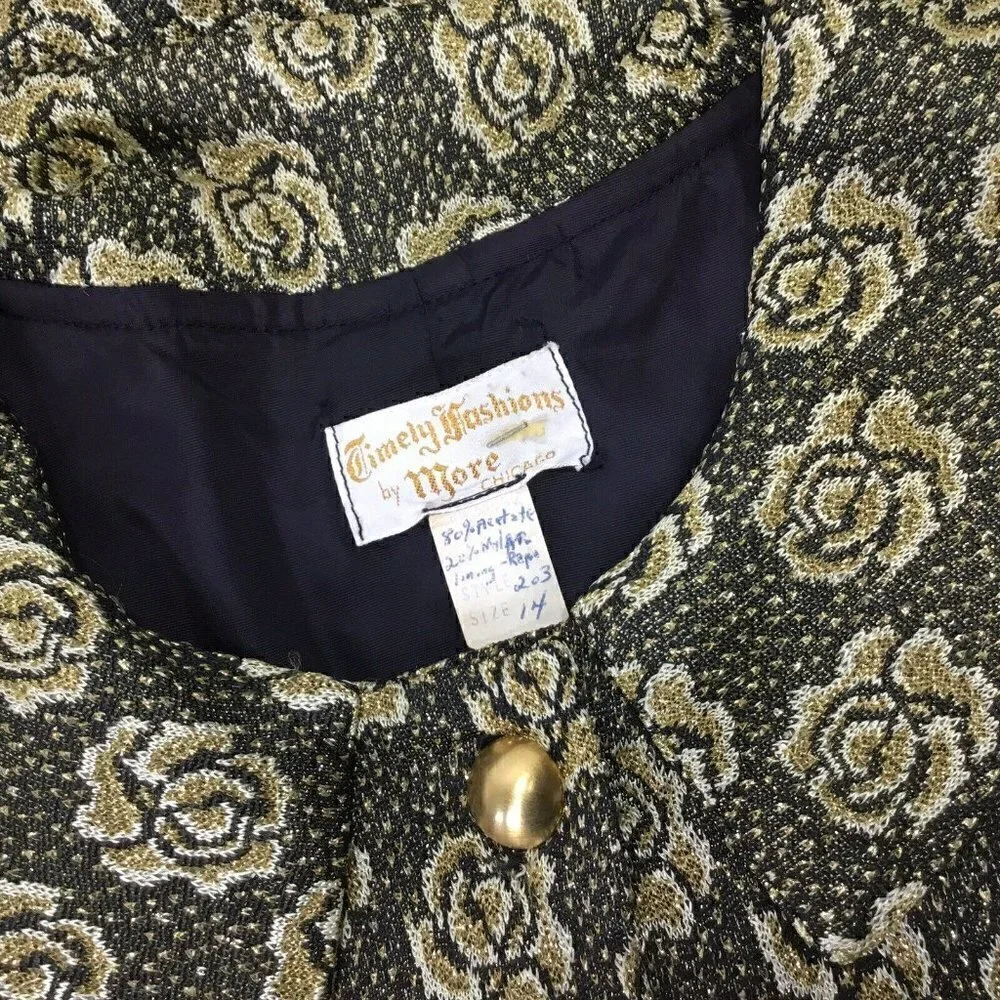Vtg Dressing Gown Timely Fashions Womens Sz 14 Kimono Robe Gold Black 3/4 Sleeve